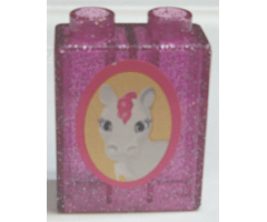 Duplo, Brick 1 x 2 x 2 with White Horse and Pink Mane Pattern (Sticker) - Set 4828