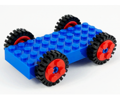 Wheel & Tire Assembly Brick, Modified 4 x 10 with 4 Pins with 4 Red Wheel FreeStyle with Technic Pin Hole and 4 Black Tire 24mm D. x 8mm Offset Tread - Interior Ridges (30076 / 6248 / 3483)