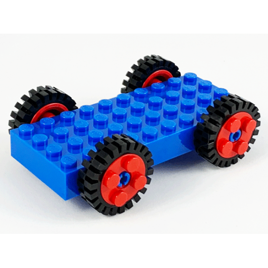Wheel & Tire Assembly Brick, Modified 4 x 10 with 4 Pins with 4 Red Wheel FreeStyle with Technic Pin Hole and 4 Black Tire 24mm D. x 8mm Offset Tread - Interior Ridges (30076 / 6248 / 3483)