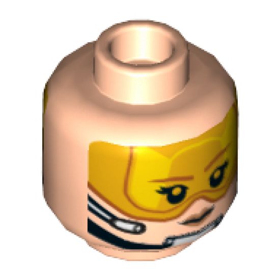 Minifigure, Head Dual Sided Female Brown Eyebrows, Orange Visor, Chin Strap, Headset, Smile / Angry Pattern - Hollow Stud