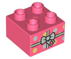 Duplo, Brick 2 x 2 with Present / Gift with White Bow and Polka Dots Pattern