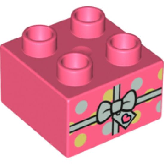 Duplo, Brick 2 x 2 with Present / Gift with White Bow and Polka Dots Pattern