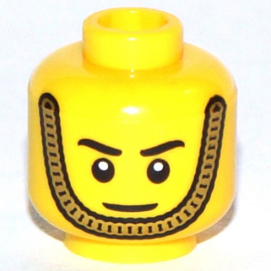 Minifigure, Head Black Eyebrows, White Pupils, Gold Chin Strap, Smile Pattern - Hollow Stud