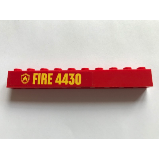Brick 1 x 10 with Yellow Fire Logo Badge and 'FIRE 4430' Pattern (Sticker) - Set 4430
