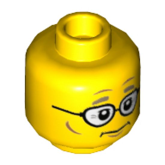 Minifigure, Head Thick Dark Tan Eyebrows, Glasses, Cheek Lines, Dimples, Neutral Pattern - Hollow Stud
