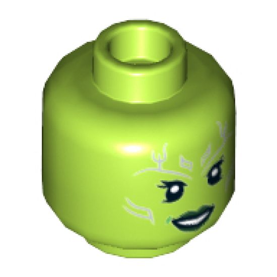 Minifigure, Head Dual Sided Alien Female with Silver Tattoos, Eyelashes, Dark Green Lips, Open Mouth Smile / Angry Pattern - Hollow Stud