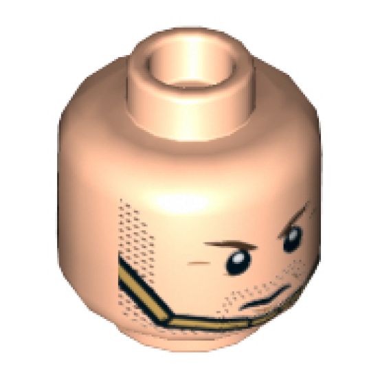 Minifigure, Head Dual Sided Brown Eyebrows, Stubble Beard, Gold Chin Strap, Serious / Bared Teeth Pattern (Hawkman) - Hollow Stud