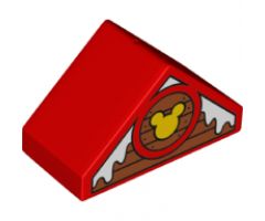Duplo, Brick 4 x 2 Slope 45 Double with Snow on Boards and Mickey Mouse Logo Pattern