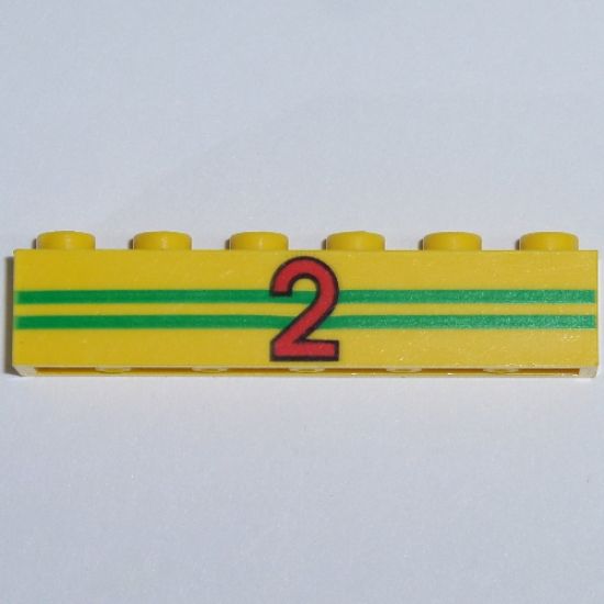 Brick 1 x 6 with 2 Green Stripes and Red Number 2 Pattern