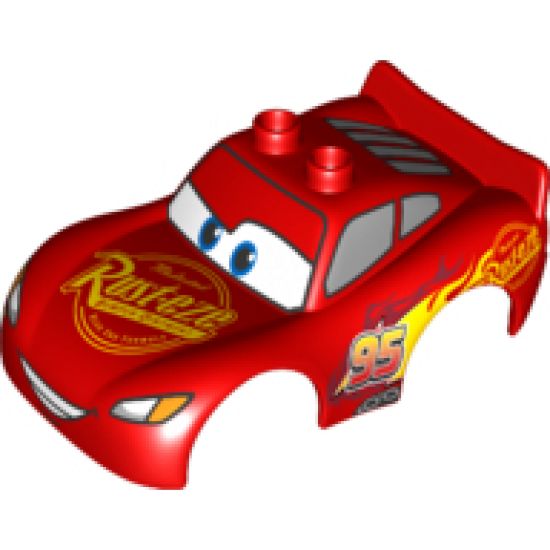 Duplo, Vehicle Car Body 2 Top Studs and Spoiler with Cars Lightning McQueen Rust-Eze and Wide Smile Pattern