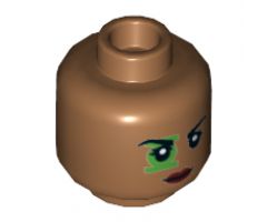 Minifigure, Head Dual Sided Female Black Eyebrows, Green Lantern Around Right Eye, Dark Red Lips, Neutral / Scowl with Green Eyes Pattern - Hollow Stud