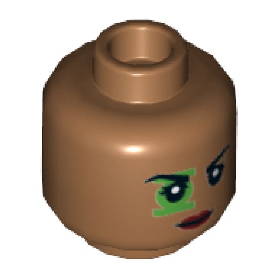 Minifigure, Head Dual Sided Female Black Eyebrows, Green Lantern Around Right Eye, Dark Red Lips, Neutral / Scowl with Green Eyes Pattern - Hollow Stud