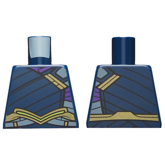 Torso Tunic with Gold Shoulder Clasp and Belt, Dark Purple and Bright Light Blue Trim Pattern