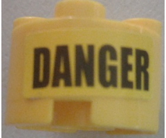 Brick, Round 2 x 2 with Axle Hole with Black 'DANGER' Pattern (Sticker) - Set 7787