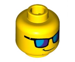 Minifigure, Head Glasses with Blue Sunglasses and Crooked Smile Pattern - Hollow Stud
