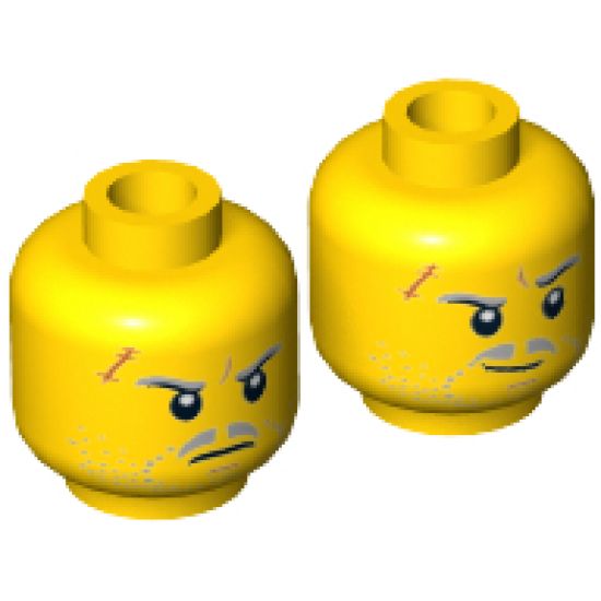Minifigure, Head Dual Sided Light Bluish Gray Beard Stubble, Moustache, Eyebrows, Scar, Determined / Smirk Pattern (Solomon Blaze) - Hollow Stud