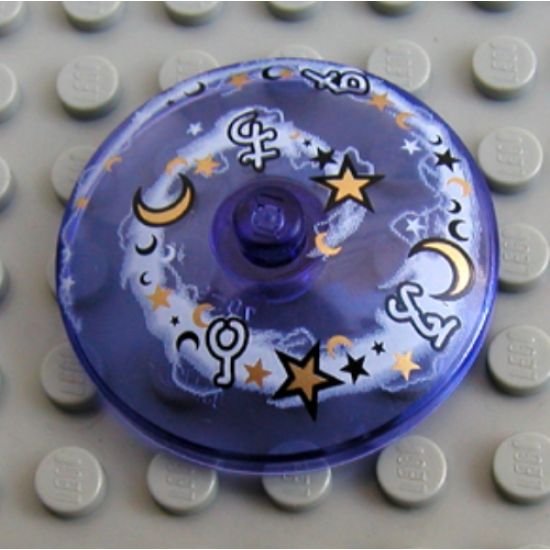 Dish 4 x 4 Inverted (Radar) with Solid Stud with Black, Gold, and White Moons, Stars, and Magic Symbols on White Spiral Pattern
