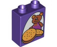 Duplo, Brick 1 x 2 x 2 with Teddy Bear and Cookies / Biscuits Pattern