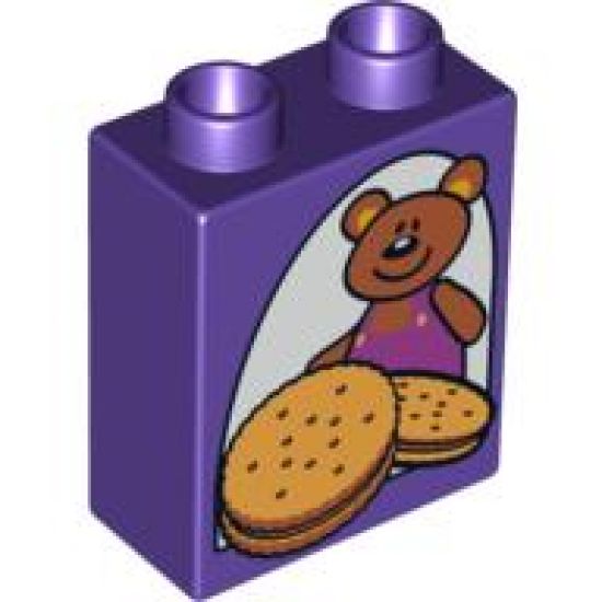 Duplo, Brick 1 x 2 x 2 with Teddy Bear and Cookies / Biscuits Pattern