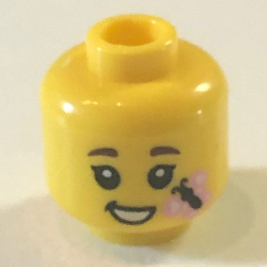 Minifigure, Head Dual Sided Female, Black Eyebrows, Grin / Open Mouth Smile with Butterfly Pattern - Hollow Stud (BAM)