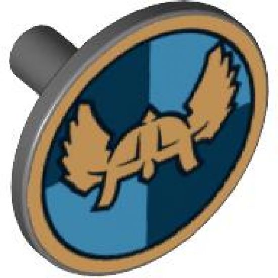 Minifigure, Shield Round Flat with Winged Helmet on Dark Blue, Medium Blue Quarters Background Pattern