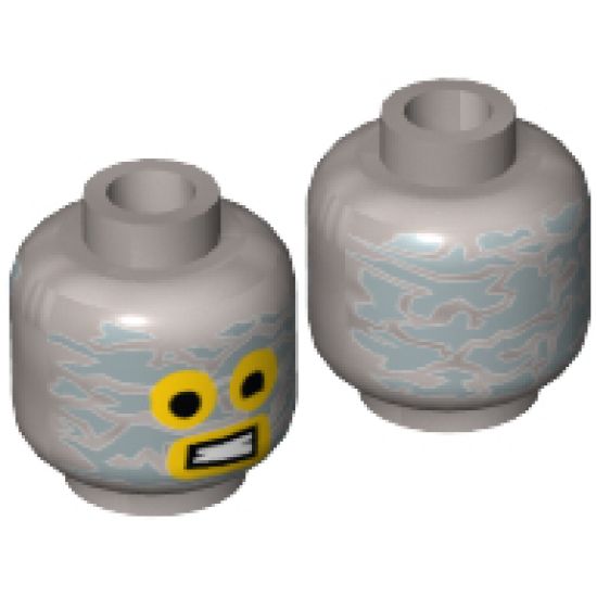 Minifigure, Head Alien with Robot Yellow Eyes and Mouth and Aluminum Foil Splotches Pattern - Hollow Stud