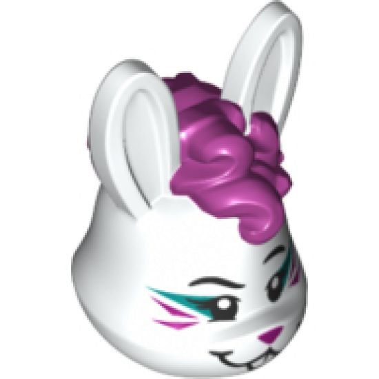 Minifigure, Head, Modified Bunny Rabbit with Magenta Curly Hair, Whiskers and Nose Pattern