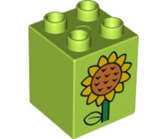 Duplo, Brick 2 x 2 x 2 with Stem, Leaf and Orange and Yellow Sunflower on Both Sides Pattern (10819)