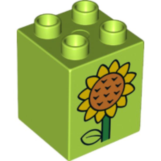 Duplo, Brick 2 x 2 x 2 with Stem, Leaf and Orange and Yellow Sunflower on Both Sides Pattern (10819)