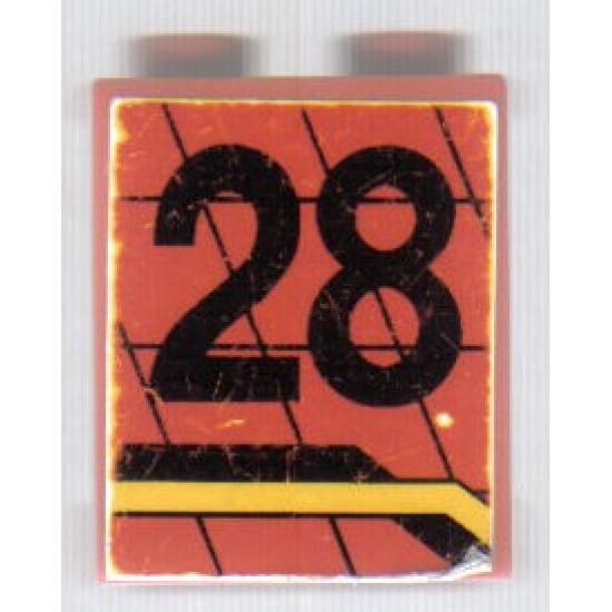 Panel 1 x 2 x 2 - Solid Studs with Black Number 28 and Angled Black and Yellow Lines Pattern, Model Right (Sticker) - Set 8808