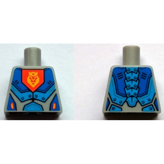 Torso Nexo Knights Armor with Orange Emblem with Yellow Crowned Lion, Blue Panels Pattern