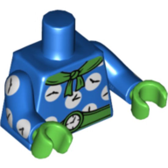 Torso with Green Scarf and Belt, 7 White Clocks Pattern / Blue Arms with 3 Clocks Pattern / Bright Green Hands