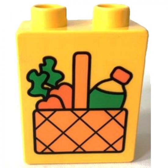 Duplo, Brick 1 x 2 x 2 with Picnic Basket with Carrots and Drink Pattern