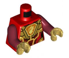 Torso Nexo Knights Female Armor, Orange and Gold Circuitry, Dragon Head on Orange Hexagonal Shield Pattern / Dark Red Arms / Pearl Gold Hands