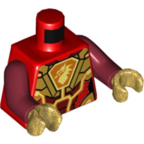 Torso Nexo Knights Female Armor, Orange and Gold Circuitry, Dragon Head on Orange Hexagonal Shield Pattern / Dark Red Arms / Pearl Gold Hands