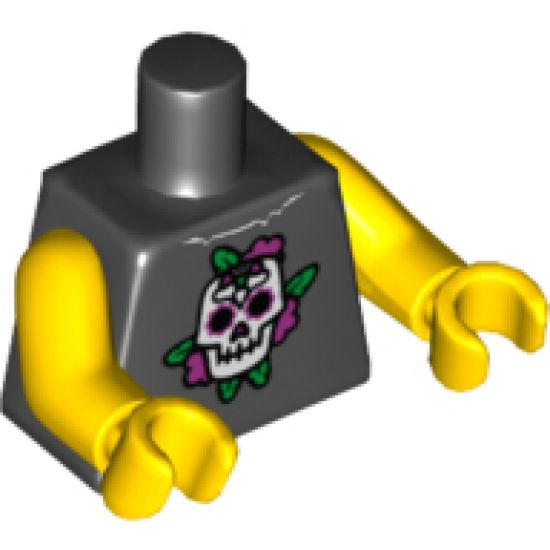 Torso Skull and Dark Pink Roses Pattern / Yellow Arms / Yellow Hands