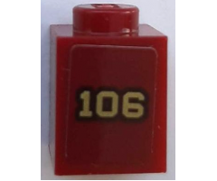 Brick 1 x 1 with Gold '106' with Black Outline on Dark Red Background Pattern (Sticker) - Set 71044