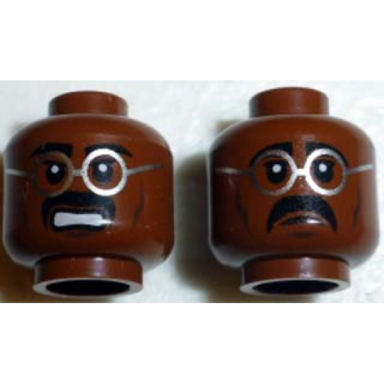 Minifigure, Head Dual Sided Glasses Silver Frames, Black Moustache, Closed Mouth / Open Mouth Clenched Teeth Pattern - Blocked Open Stud