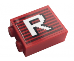 Brick 1 x 2 x 2 with Inside Stud Holder with Gray Stripes and White Letter 'R' Pattern (Sticker) - 10272
