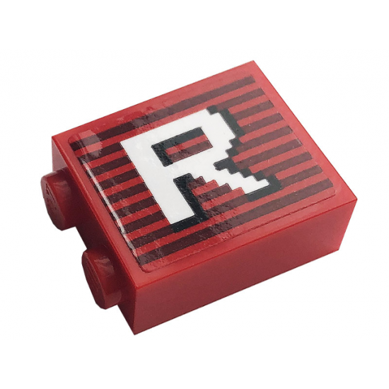 Brick 1 x 2 x 2 with Inside Stud Holder with Gray Stripes and White Letter 'R' Pattern (Sticker) - 10272
