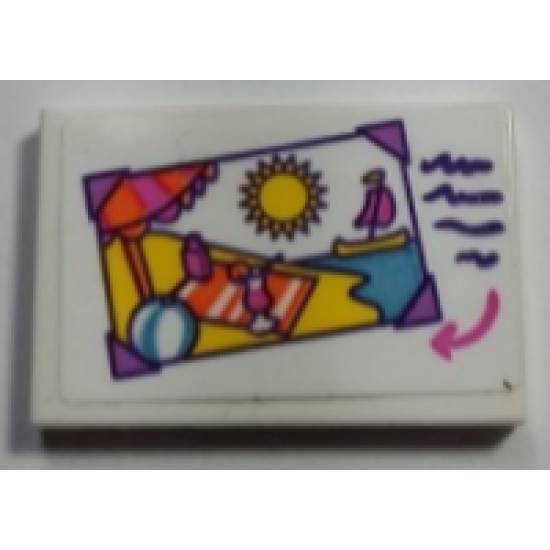 Tile 2 x 3 with Picture of Beach Scene and Dark Purple Lines Pattern (Sticker) - Set 41169