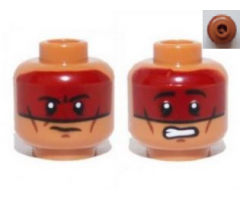 Minifigure, Head Dual Sided Dark Red Face Paint Determined / Scared Pattern (Red Knee) - Blocked Open Stud