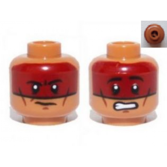 Minifigure, Head Dual Sided Dark Red Face Paint Determined / Scared Pattern (Red Knee) - Blocked Open Stud