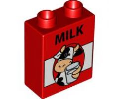 Duplo, Brick 1 x 2 x 2 with Cow, Glass and 'MILK' Pattern