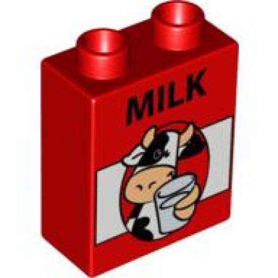 Duplo, Brick 1 x 2 x 2 with Cow, Glass and 'MILK' Pattern