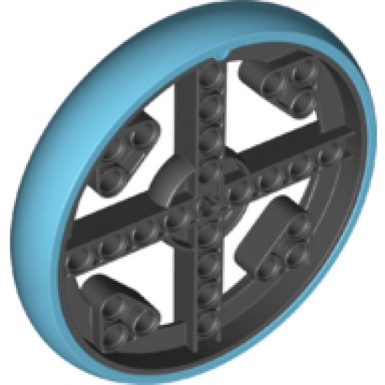 Wheel Technic Large with Axle Hole and 28 Pin Holes with Fixed Medium Azure Rubber Tire