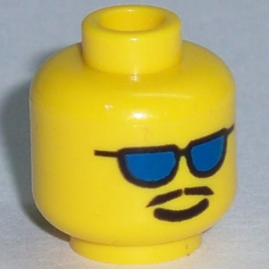 Minifigure, Head Glasses with Blue Sunglasses and Moustache Pattern - Blocked Open Stud
