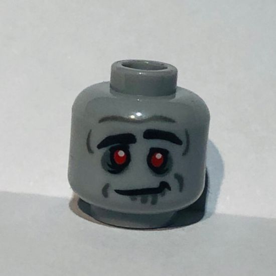 Minifigure, Head Alien Zombie, Red Eyes, Black Eyebrows, Silver Lines, Crooked Smile Pattern - Hollow Stud