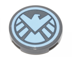 Tile, Round 2 x 2 with Bottom Stud Holder with Bright Light Blue S.H.I.E.L.D. Eagle on Dark Bluish Gray Background Pattern (Sticker) - Set 76042