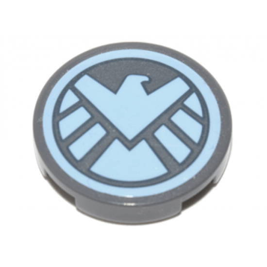 Tile, Round 2 x 2 with Bottom Stud Holder with Bright Light Blue S.H.I.E.L.D. Eagle on Dark Bluish Gray Background Pattern (Sticker) - Set 76042